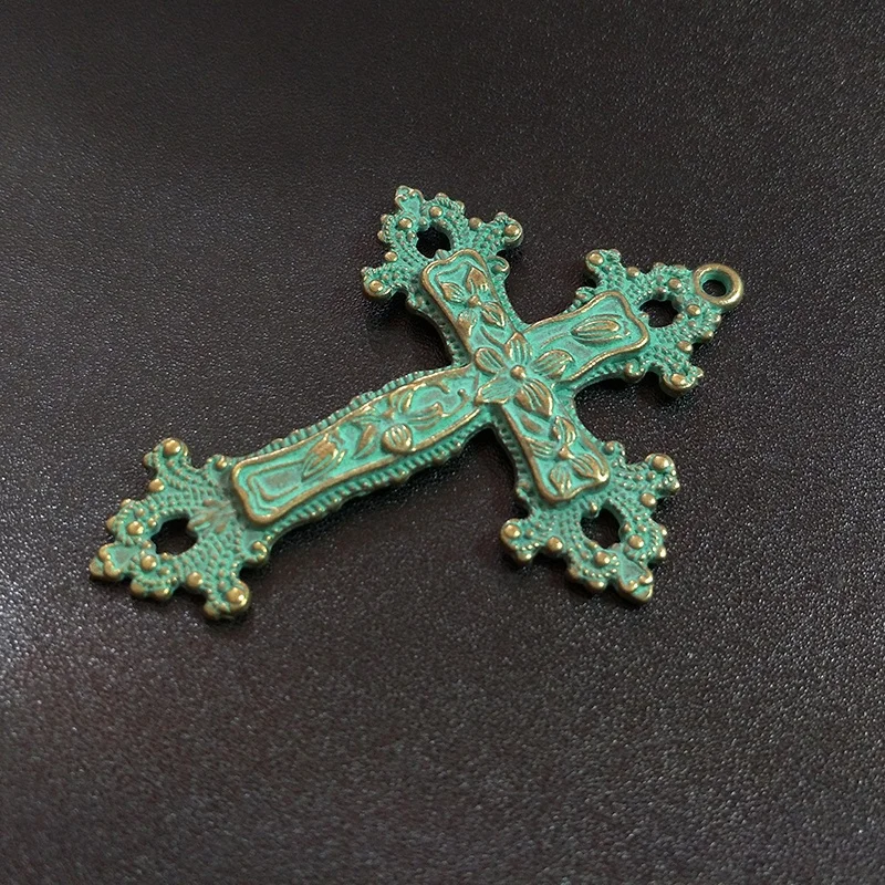 1pcs Patina Plated Zinc Alloy Green Religious Cross Charms 73*53MM Big Pendants For DIY Punk Necklace Accessories