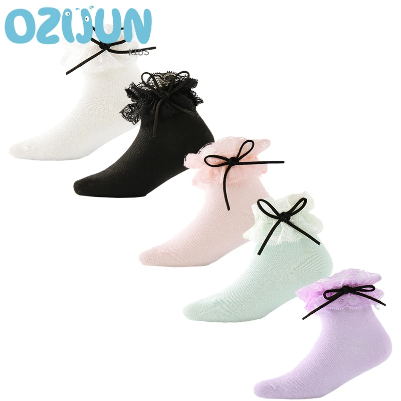 New Arrivals 2023 Spring Kids Girls Leather Ribbon Bow Lace Short Socks 0-8 Kids Girls Cotton Lace Socks For Children Girls