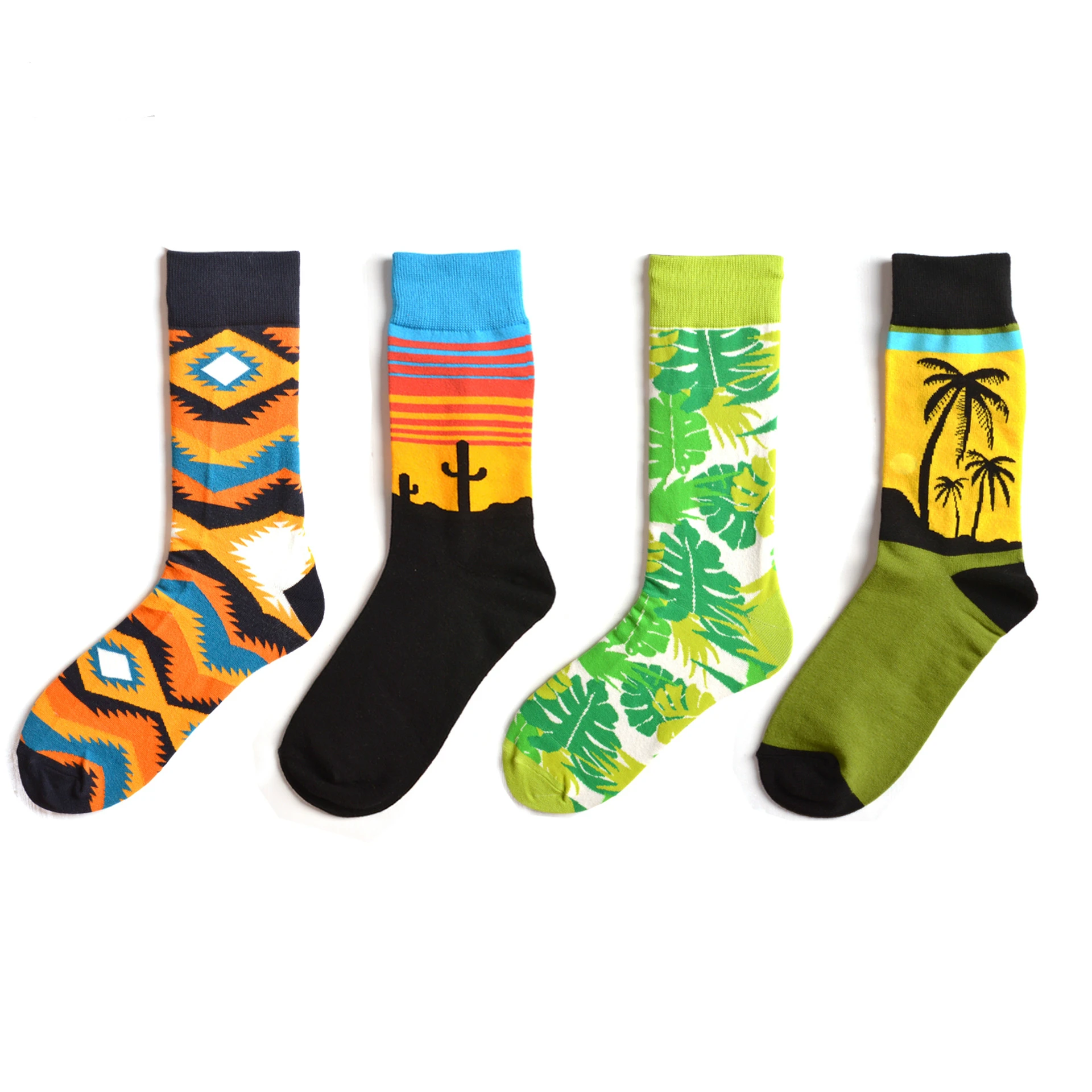 Men Sock Street Cartoon Leaf Flower Feather Tree Diamond Lattice Colorful Happy Funny Male Ventilation Cotton Skate Socks Autumn