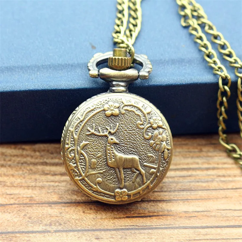 Nazeyt Classical Bronze Tone Deer Pendant Chain women and men Necklace watch child cute annimal Taschenuhr Pocket gift Watch