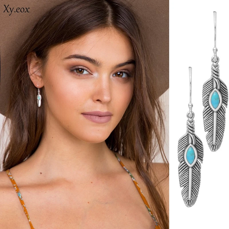 1Pair Retro Tribal Ethnic Women Feather Eardrop Dangle Alloy Earrings Jewelry