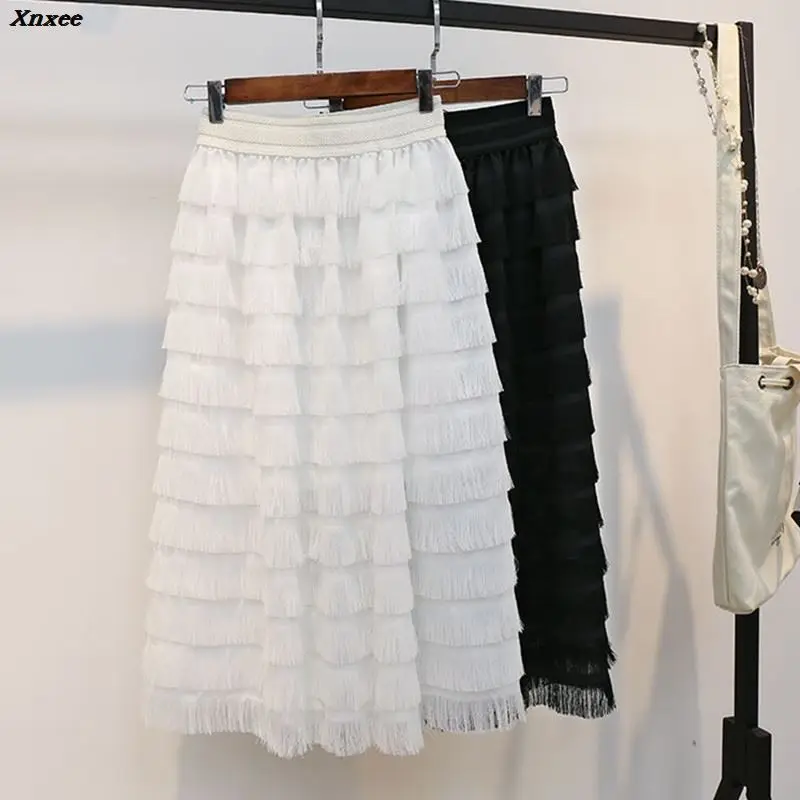 

Women High Waist Skirt Summer Solid Pleated Skirts Womens Saias Midi Faldas Vintage Elegant Female Tassel Tulle Skirt Xnxee