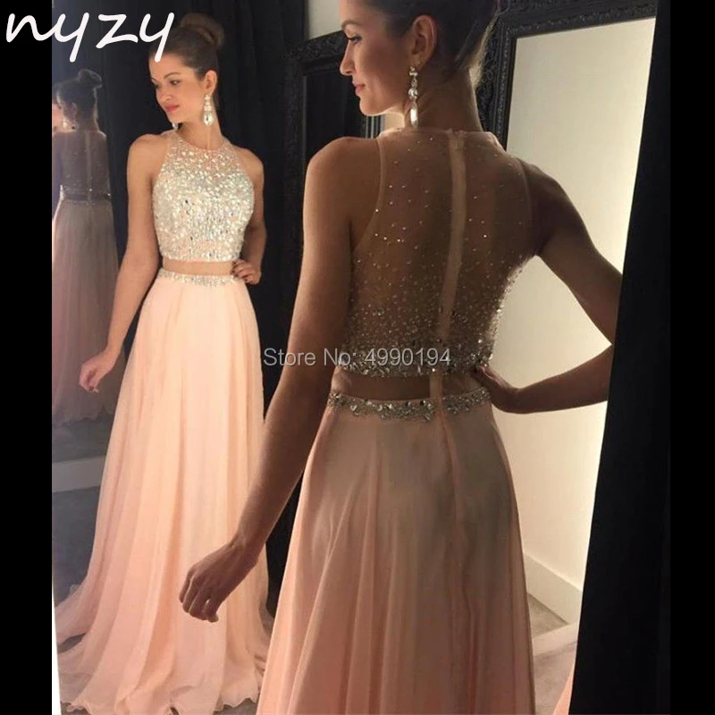 

NYZY P7 Two Piece Prom Dresses 2019 Chiffon Crystal Dress Sheer Backless Pearl Pink vestido de festa longo robe longue