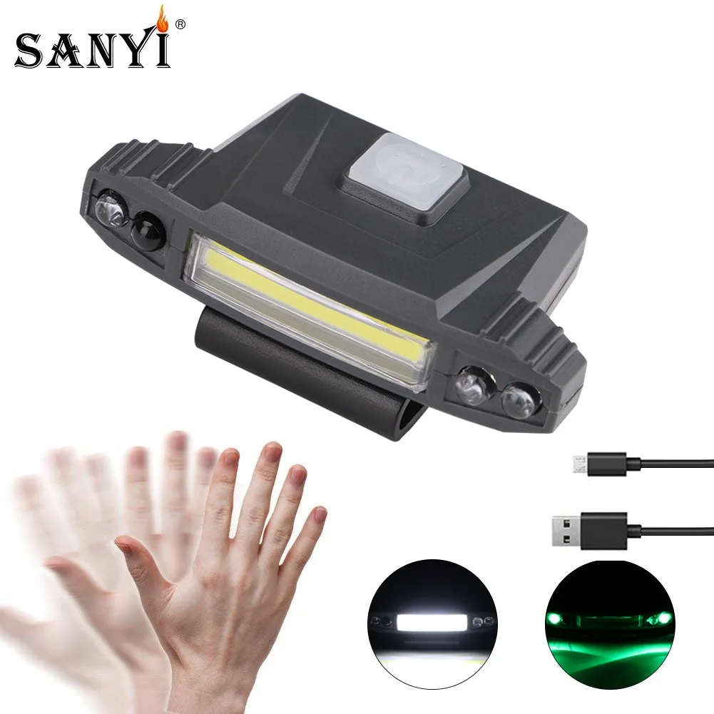 Sanyi COB LED Cap Light Headlight USB Charging Head Lamp Induction Flashlight Clip on Hat Light Fishing Head Lamp With Battery