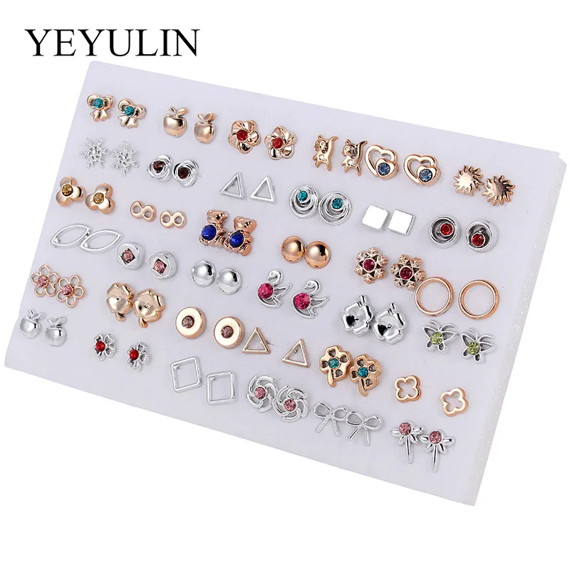 36 Pairs Gold Color Silver Color Rhinestone Hollow Flower Cute Bear Animals Mix Style Plastic Stud Earrings Set For Women Girls