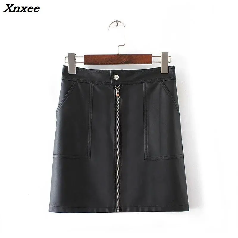 

PU leather skirt black fashion sexy PU mini skirt with two pockets for four season Xnxee