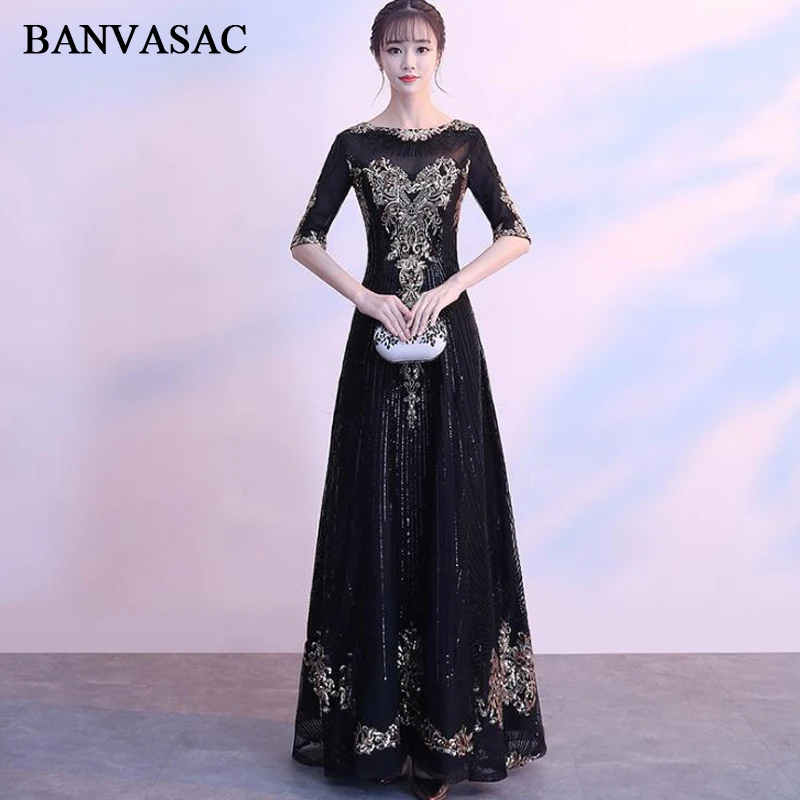 BANVASAC O Neck A Line Sequined Embroidery Long Evening Dresses Party Half Sleeve Illusion Zipper Back Prom Gowns