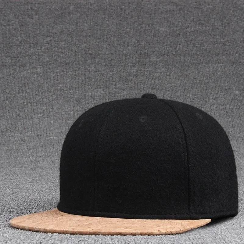 Top Quality Wool Felt Snapback Caps Winter Hip Hop Bboy Flat Peaked Cap Solid Skateboard Hat Men Wood Cork Baseball Hats