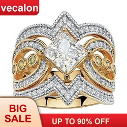 Vecalon Vintage 3-in-1 925 Sterling Silver ring sets Princess 5A Zircon Cz Engagement wedding Band rings for women Party Jewelry