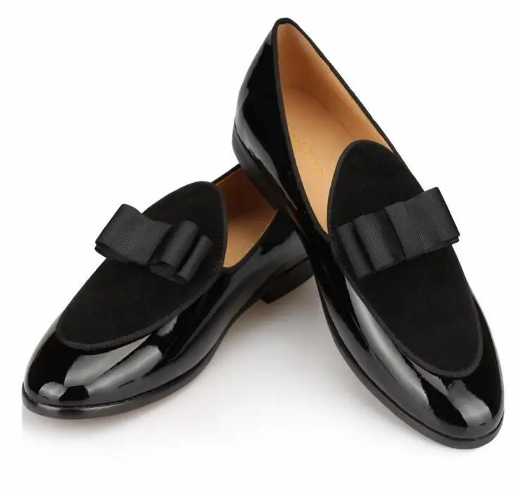 Hot Sale Black Suede Loafers Fashion Patent leather Men Bow Tie Moccasins Man Flats Wedding Men\'s Dress Shoes Casual Shoes