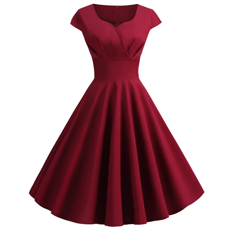 Women\'s Summer Dresses Vintage Elegant V Neck Solid Color Vestido A-Line Pinup Business Party Office Women Flare Blue Dress