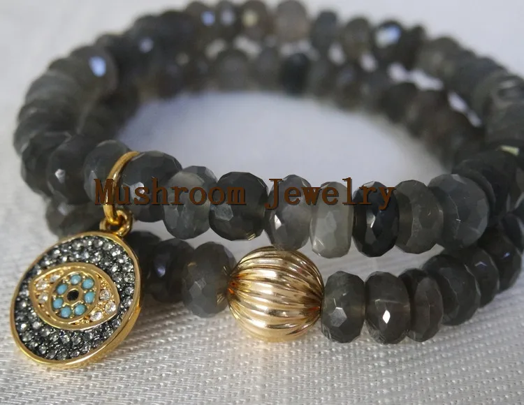 Gold Ball Beads Bracelet Natural labradorite Pave Charm Bracelet Evil Eye Bracelet