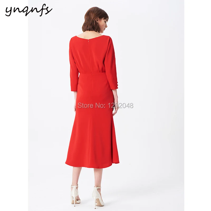 YNQNFS-vestido de satén italiano estilo francés, vestido de fiesta para invitados, con cuello de barco, longitud de té, color rojo, M136, 2019