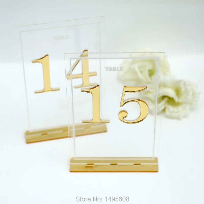 Centerpieces Luxury Clear Acrylic Wedding Table Numbers holders ,Calligraphy Gold Mirror Wedding Signs, acrylic table numbers