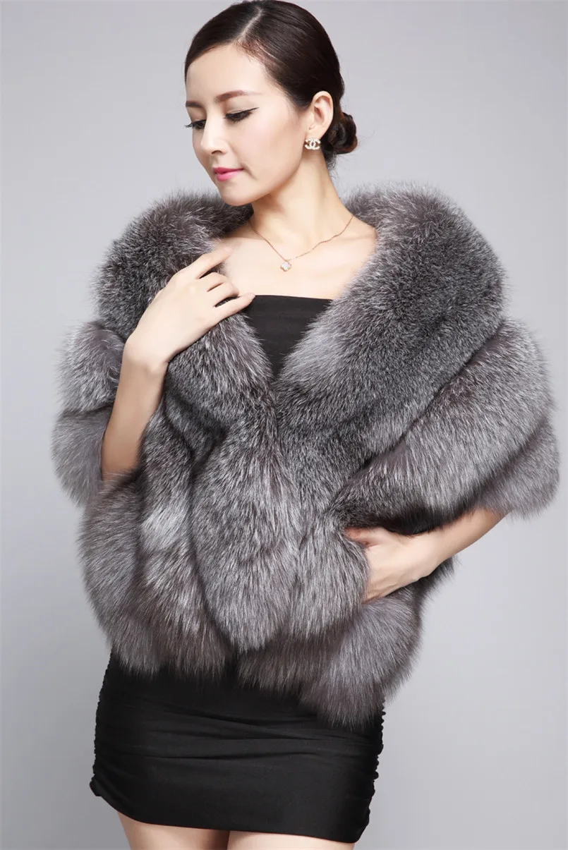 Real silver fox fur poncho and capes shawl women scarf winter scarves female luxury brand white natural fur stole wraps C169