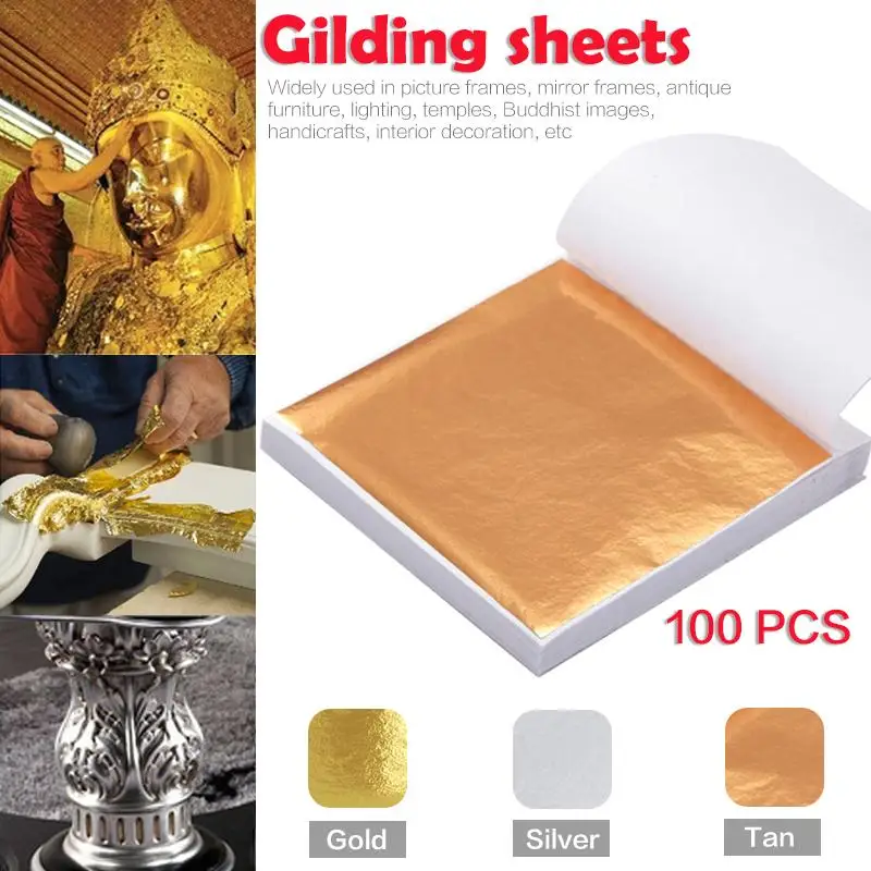 100pcs Gold/Silver/Copper Leaf Sheets Tissue Paper Gliding Sheet Gold Foil Arts Crafts Design Ceiling Line Decorative Sticker