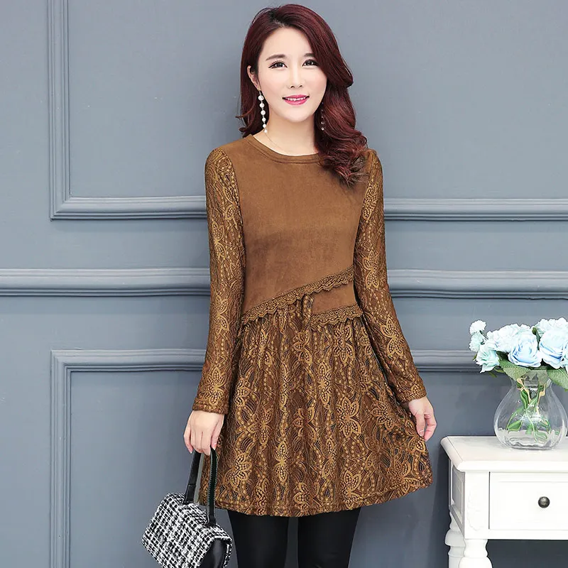 Spring Autumn Basic Mini Dress Hot Sales Women Fashion Temperament Lady Patchwork Hollow Out Lace Mini Dress 1219