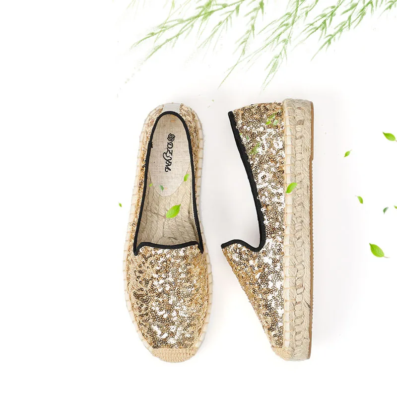 DZYM Spring Summer Sequined Cloth Women Flats Luxury Design Golden Sneakers Grass Woven Fisherman Shoes Loafers Espadrilles