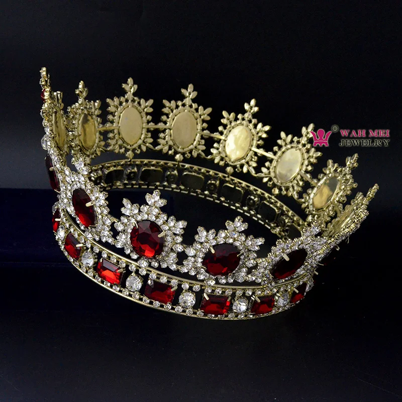 Full Crown Large Round Crown For Women Red Colour Clear White Fashion Hairwear Tiaras Pageant Contest Winner Crown Mo042