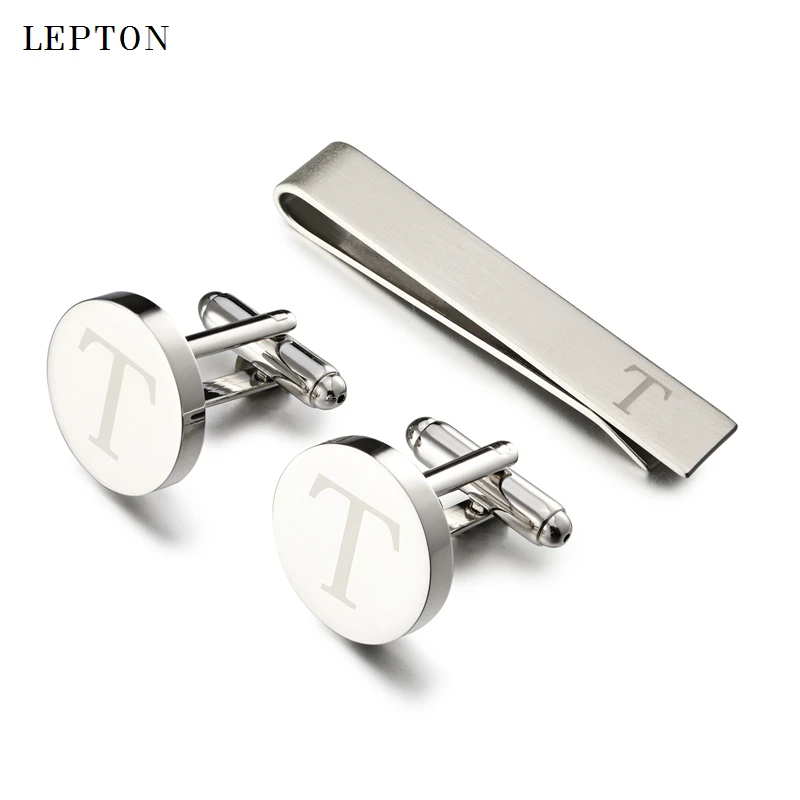 

Lepton Round Laser Letter Cufflinks And Tie Clips Set Letters T Cuff links For Mens French Shirt Cuffs Cufflink Relojes Gemelos