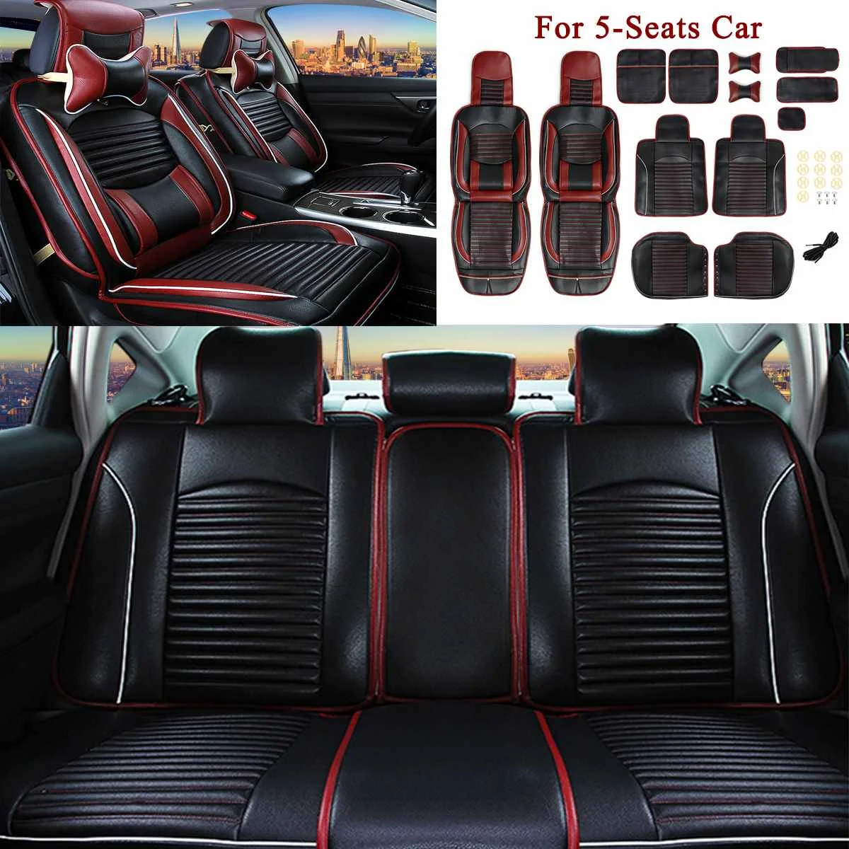 For 5 Seat Car Luxury Black PU Leather Full Surround Car Seat Cover Cushion Front Rear Set Car Styling Auto Seat Protector Case