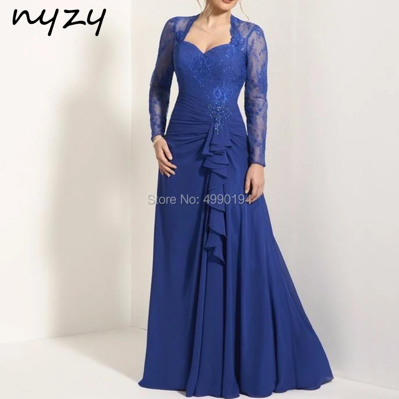 Vestidos de manga larga para la madre de la novia, traje Formal fruncido con volantes, color azul real, para ocasiones, 2019, NYZY M105