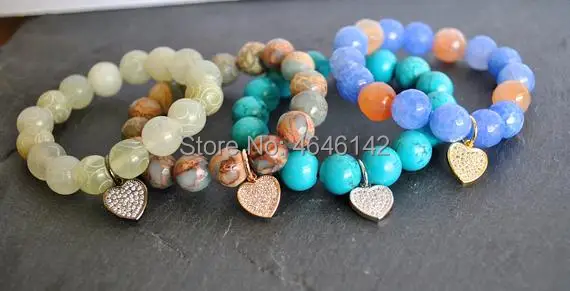 Boho Turquoises Opal African Jaspers Agates Mixed Stone Druzy Pave Heart Charm Strech Bracelet Stack Bracelet