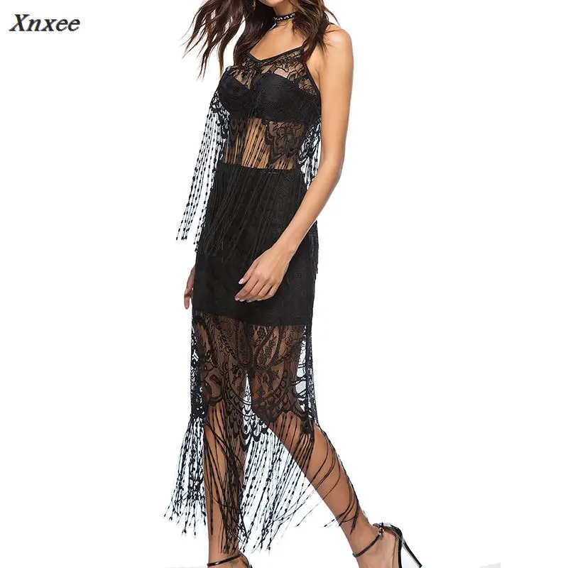 

Beach Women Boho Sets Crop Tops Sexy Tassels Lace Solid Transparent Long Skirts Ladies 2 Piece Suit Sleeveless Spaghetti Straps