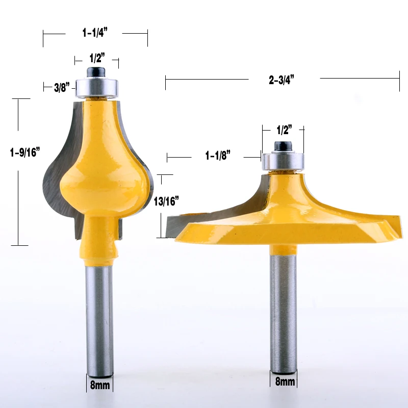 생크 난간 라우터 비트 세트, 표준 플루트 라인 나이프, 목공 커터, 장부 커터, 목공 도구, 8mm, 2 개