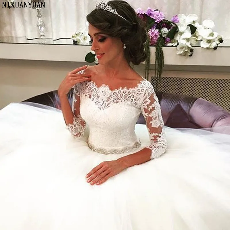 Precioso vestido De novia blanco con apliques De encaje, traje De boda con faja De cristal y cremallera trasera, 2023