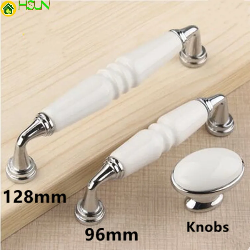 

96mm Fashion Modern Furniture Handle White Ceramic Kitchen Cabinet Drawer Pull Knob Silver Chrome Dresser Door Handle 128mm