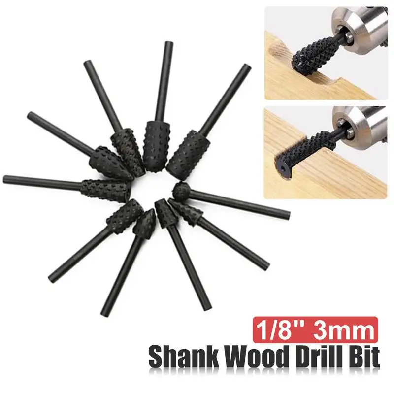 Broca de madera con vástago de 3MM y 1/8 pulgadas, minilima rotativa, juego de rebabas, 10 unids/set