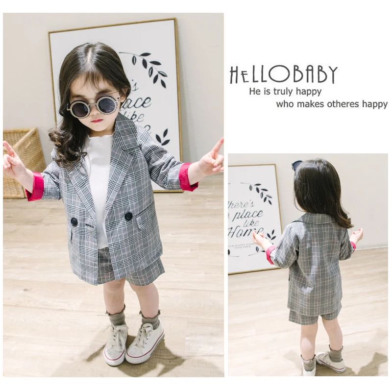 

Girls Plaid Suit 2023 Spring Summer Korean Children's Garments Fashion Clothes Sets Male Kids Casual Jacket + Shorts 2 Pcs X338