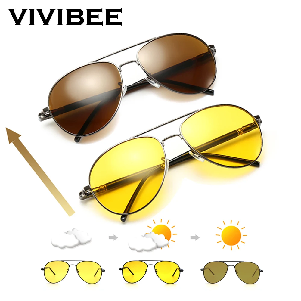 VIVIBEE-gafas de sol polarizadas para hombre y mujer, lentes fotocromáticas de visión nocturna, estilo piloto, de aluminio, color amarillo