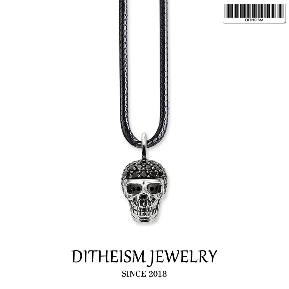 

Leather Rope Necklace Skull Black CZ, 2018 New Fashion 925 Sterling Silver Jewelry European Punk Gift For Men Women Boy Girls