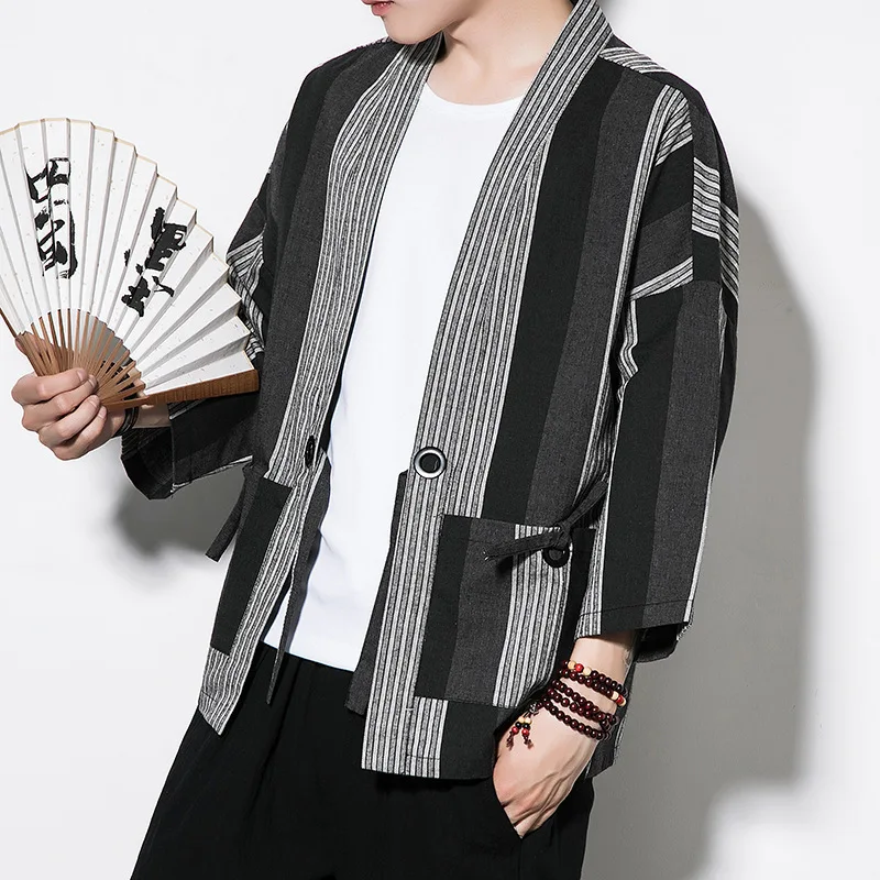 #4216 Striped Cotton Linen Kimono Coat Vintage Open Stitch Plus Size 5XL Mens Jackets And Coats Black/White Kimono Cardigan Men