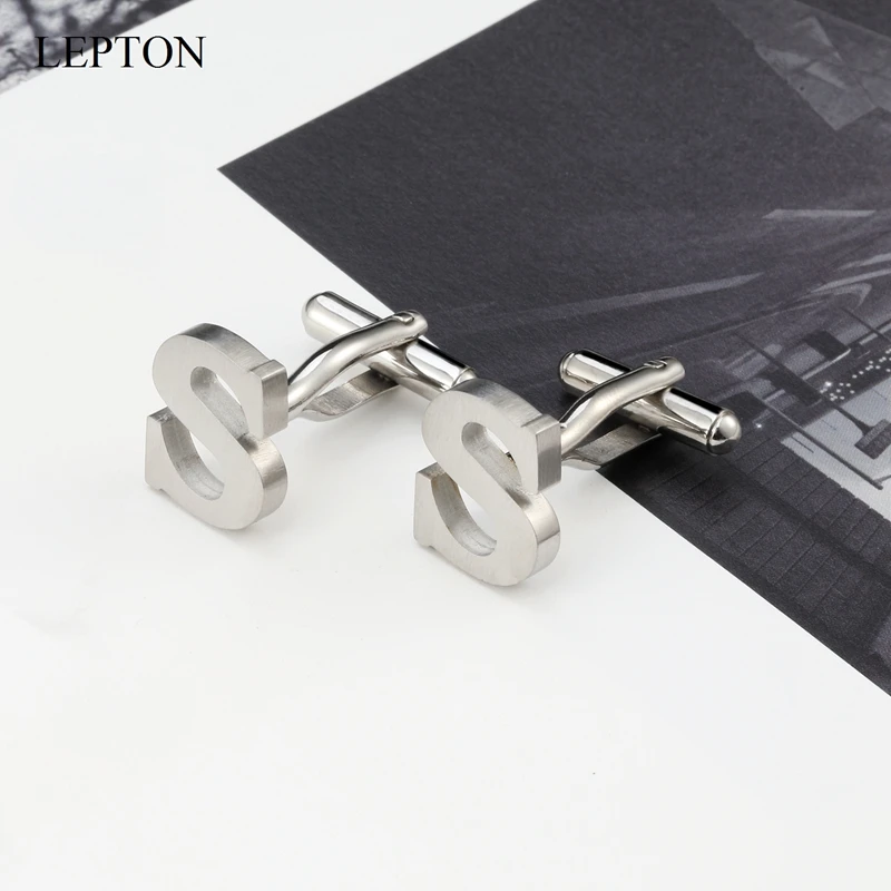 Lepton Stainless steel Letters S Cufflinks for Mens Black & Silver Color Letters S of alphabet Cuff links Men Shirt Cuffs Button