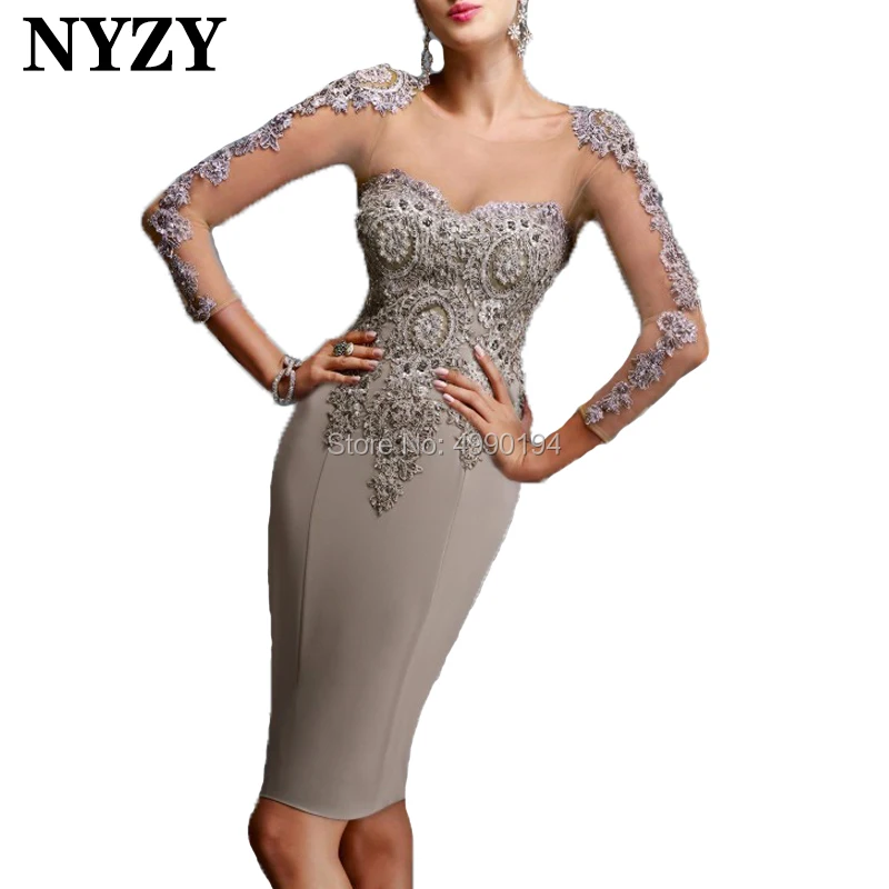 

NYZY C103 IllusionLong Sleeve Robe Cocktail Dress Party Keyhole Back Silver Lycra Lace Evening Dress Short vestido coctel 2019