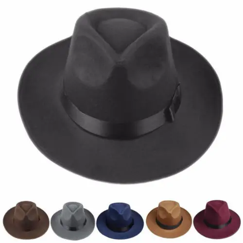 New Vintage Hip Hop Jazz Caps Hippie Unisex Men Black&Grey Jazz Wool Trilby Bowler Fedora Panama Hat Gangster Cap