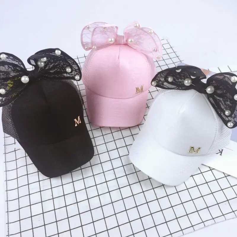 Cute Children Mesh Cap Spring Summer Children Baseball Cap Girls Snapback Hip Hop Caps Rabbit Ear Pearl Big Bow Kids Sun Hat