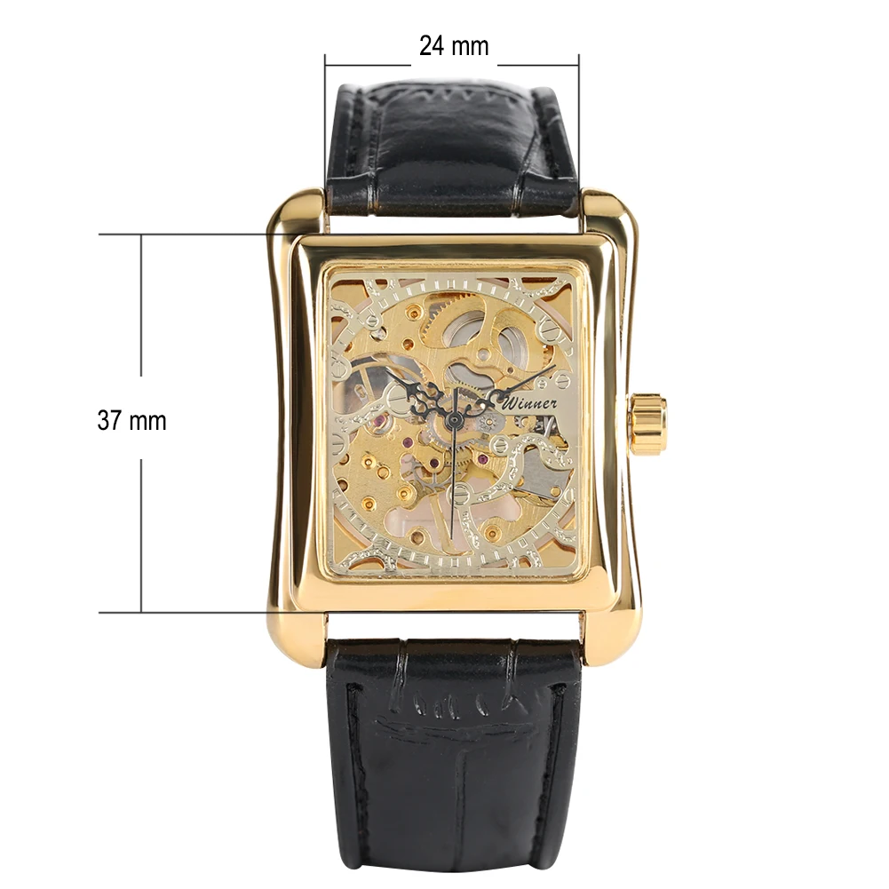 Men\'s Mechanical Watches With Hand-Wind Rectangle Gold Case Leather Strap Wristwatch Skeleton Watch