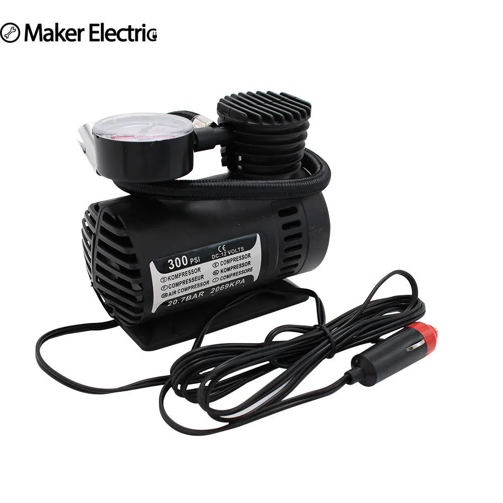 Freeshipping Mini car inflataor air pump DC 12V 300PSI locomotive shape compact compressor with pressure checking board