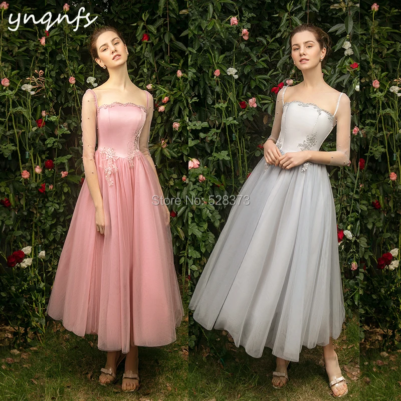 YNQNFS B6 Princess 3/4 Sleeves Tea Length Vintage Bridesmaid Dresses Party Formal Guest Wear Graduation Dresses Vestido Curto