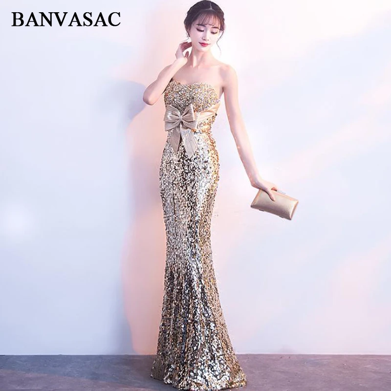 

BANVASAC Sequined Strapless Crystal Bow Mermaid Long Evening Dresses Elegant Party Zipper Backless Prom Gowns