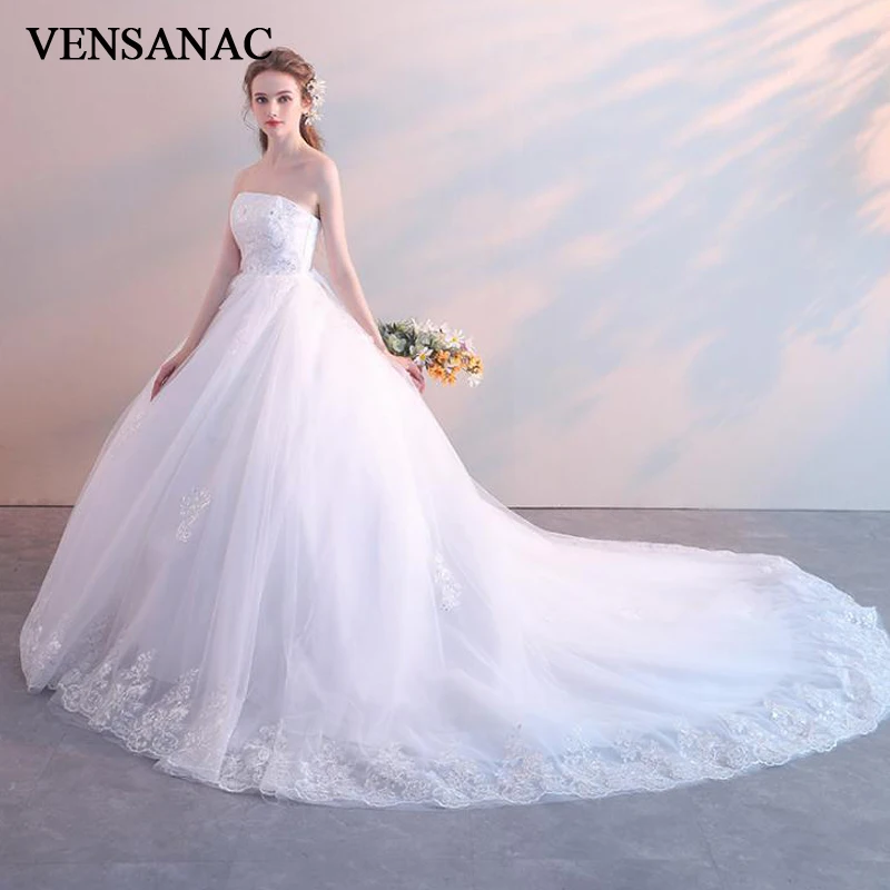 

VENSANAC Sequined Strapless Lace Appliques Ball Gown Wedding Dresses Bow Court Train Backless Bridal Gowns