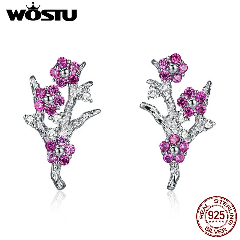 WOSTU Classic 100% 925 Sterling Silver Plum Blossom Flower Stud Earrings For Women Wedding Party Korean Fashion Jewelry CTE040