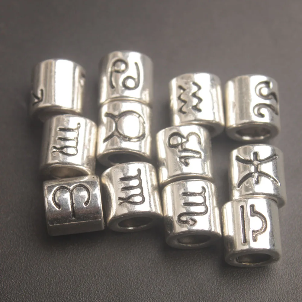 One Box of 264PCS Antiqued Silver Metal Cylinder Zodiac Bead Charms Plus Sign Pendants in Storage