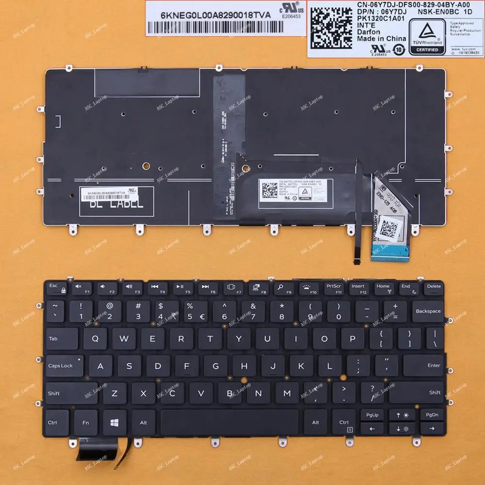 New US English QWERTY Keyboard for Dell XPS 13 9370 Laptop, BACKLIT, Without Frame , 0K2NCP, WIN8 , Black