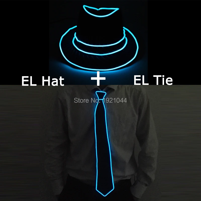 Fashion Wedding Decoration EL Flash Hat + EL Flash Tie LED Light up Props 10Colors Select Luminous Tie and Hat Cool Party Decor