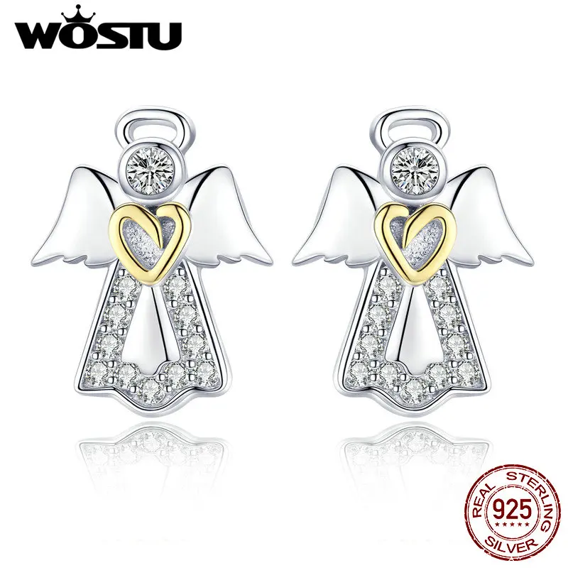 WOSTU Authentic 100% 925 Sterling Silver Guardian Angel Stud Earrings For Women Birthday Elegant Lucky Brand Jewelry Gift CQE476